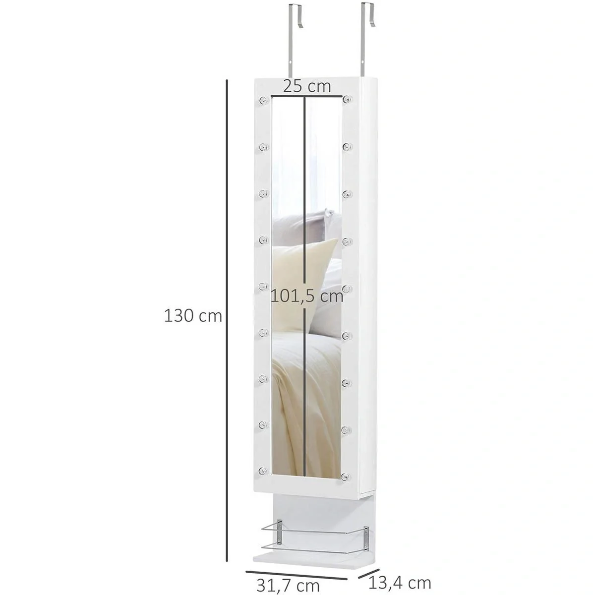Hängender Schmuckschrank mit LED Spiegelschrank mit Schublade Regal Wandspiegel Türspiegel höhenverstellbar Weiß 130 cm - 6