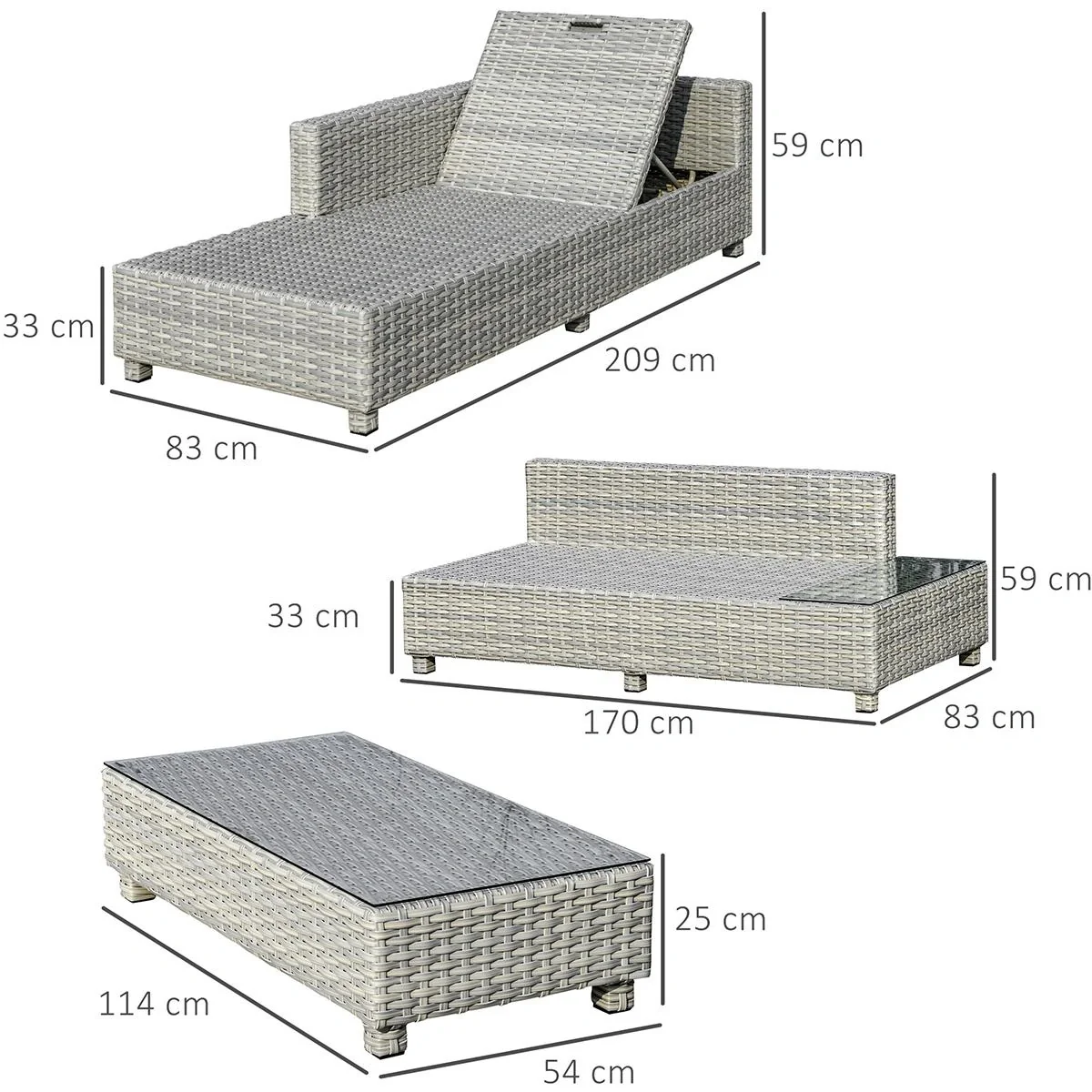 3-teiliges Polyrattan-Gartenmöbel-Lounge-Set mit Beistelltisch-Kissen Grau+Beige - 5