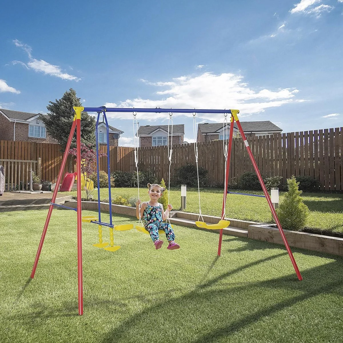 Kinderschaukel Gartenschaukel Schaukelgerüst 2 Schaukeln mit Wippe höhenverstellbar Metallgestell 3-5 Jahre - 3