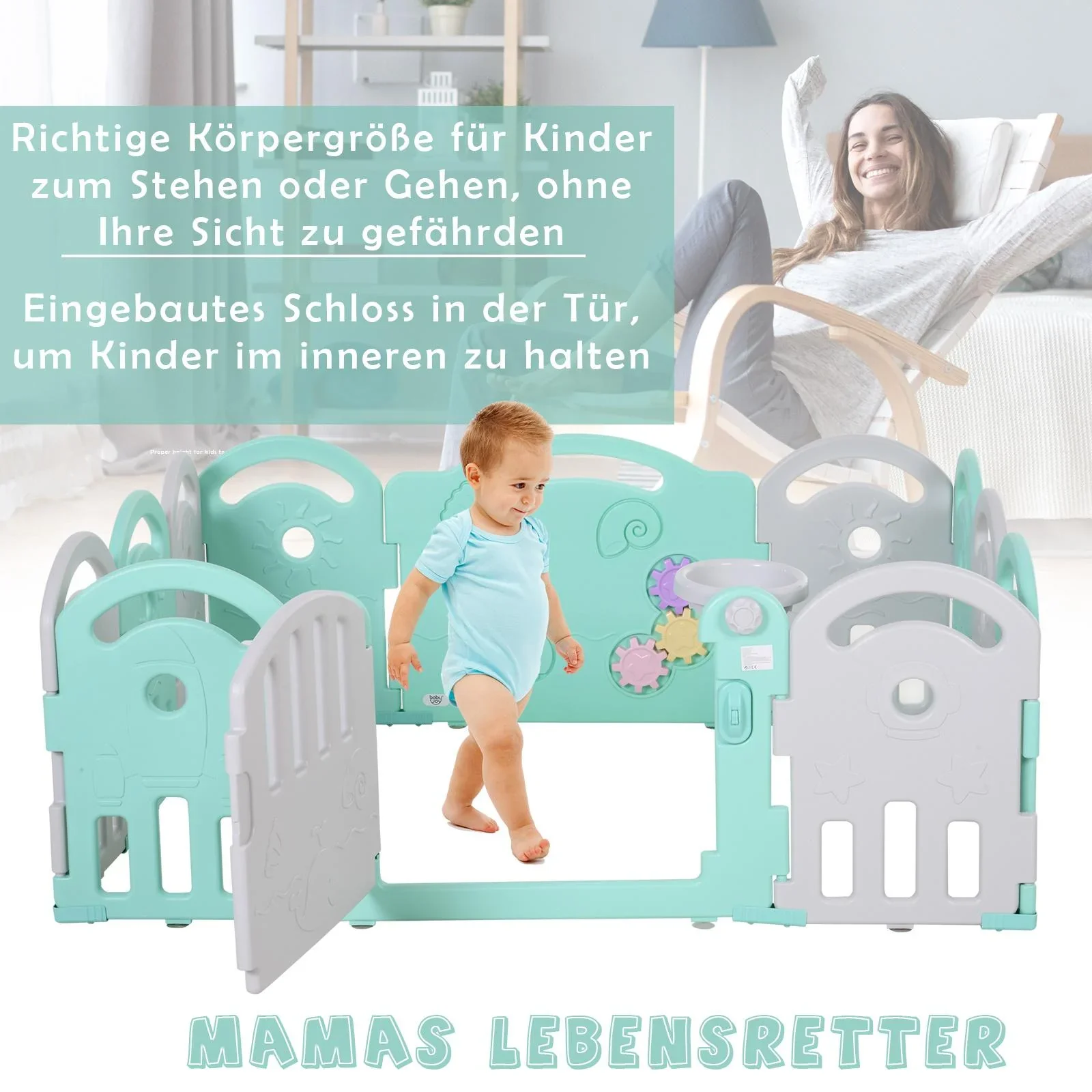 Baby Schutzgitter mit Ballkorb und 3 Zahnräder - 6