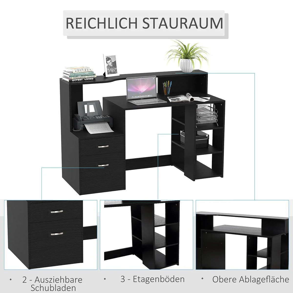 Schreibtisch mit Regal Computertisch Bürotisch mit Tischplatte für Drucker Schublade MDF Metall Schwarz 137 x 55 x 92 cm - 5