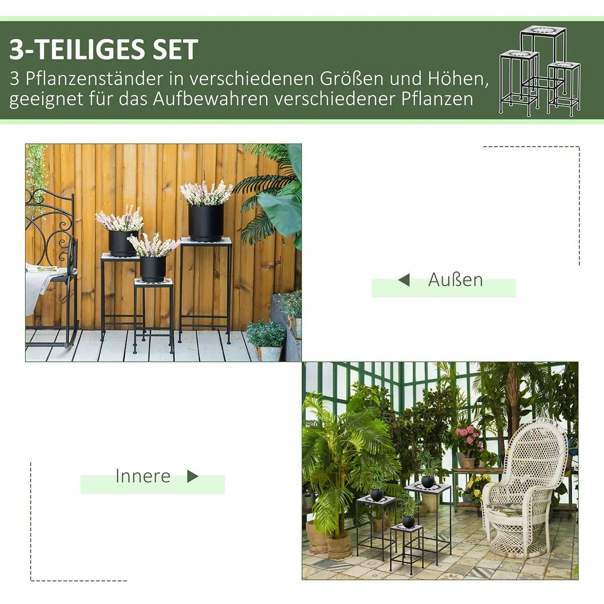 Blumenständer 3er Set aus Metall keramische Fliesen Stapelbar Pflanzenhocker für Blumentopf Schwarz+Weiß - 5