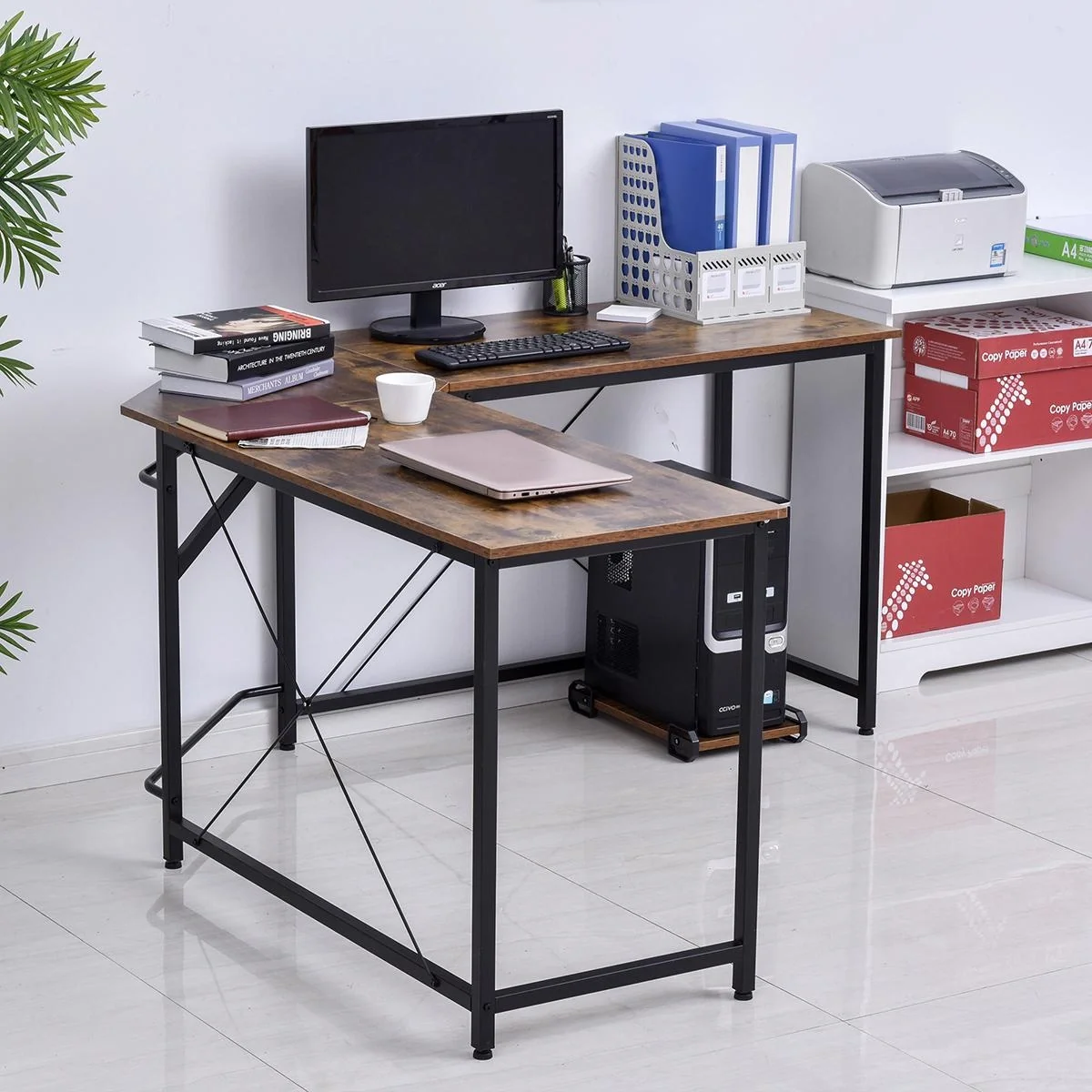 Computertisch, L-förmiger Eckschreibtisch, Schreibtisch, Bürotisch, E1 Spanplatte +Metall, Schwarz+Braun, 150 x 150 x 75 - 4