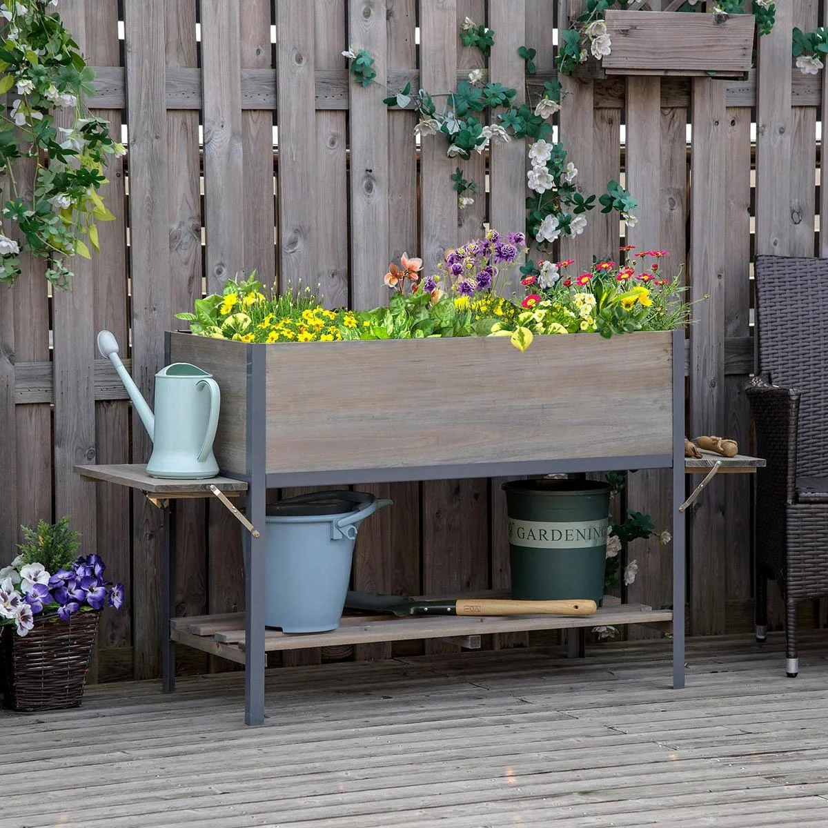 Hochbeet Pflanzkasten mit 2 faltbaren Ablagen unterer Ablagefläche Blumenkasten Blumentopf Kräuterbeet Massivholz Hellgr - 5