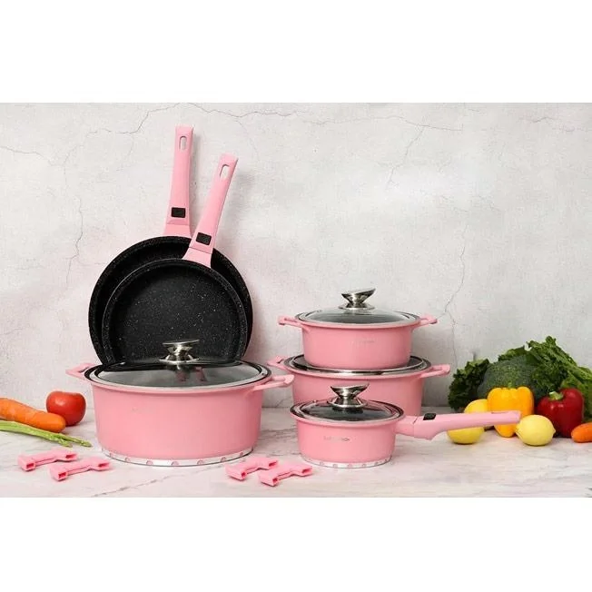 Kochgeschirr aus Aluminiumguss -14 Teile, einschließlich Deckel und Griffe - Rosa - 9