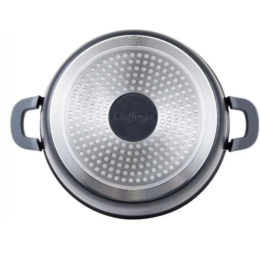 Cheffinger Schmortopf / Niedriger Kochtopf - Marmorbeschichtung - mit abnehmbaren Silikongriffen - Edelstahl - 32 cm - 5