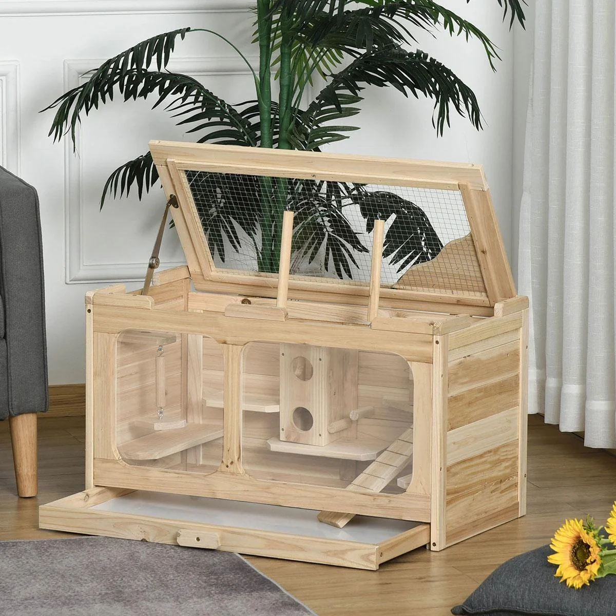 Hamsterkäfig Holz Nagerkäfig Mäusekäfig mit Rampe Schaukel Nagervilla Oben aufklappbar Massivholz PS Natur 78 x 40 x 44 - 4