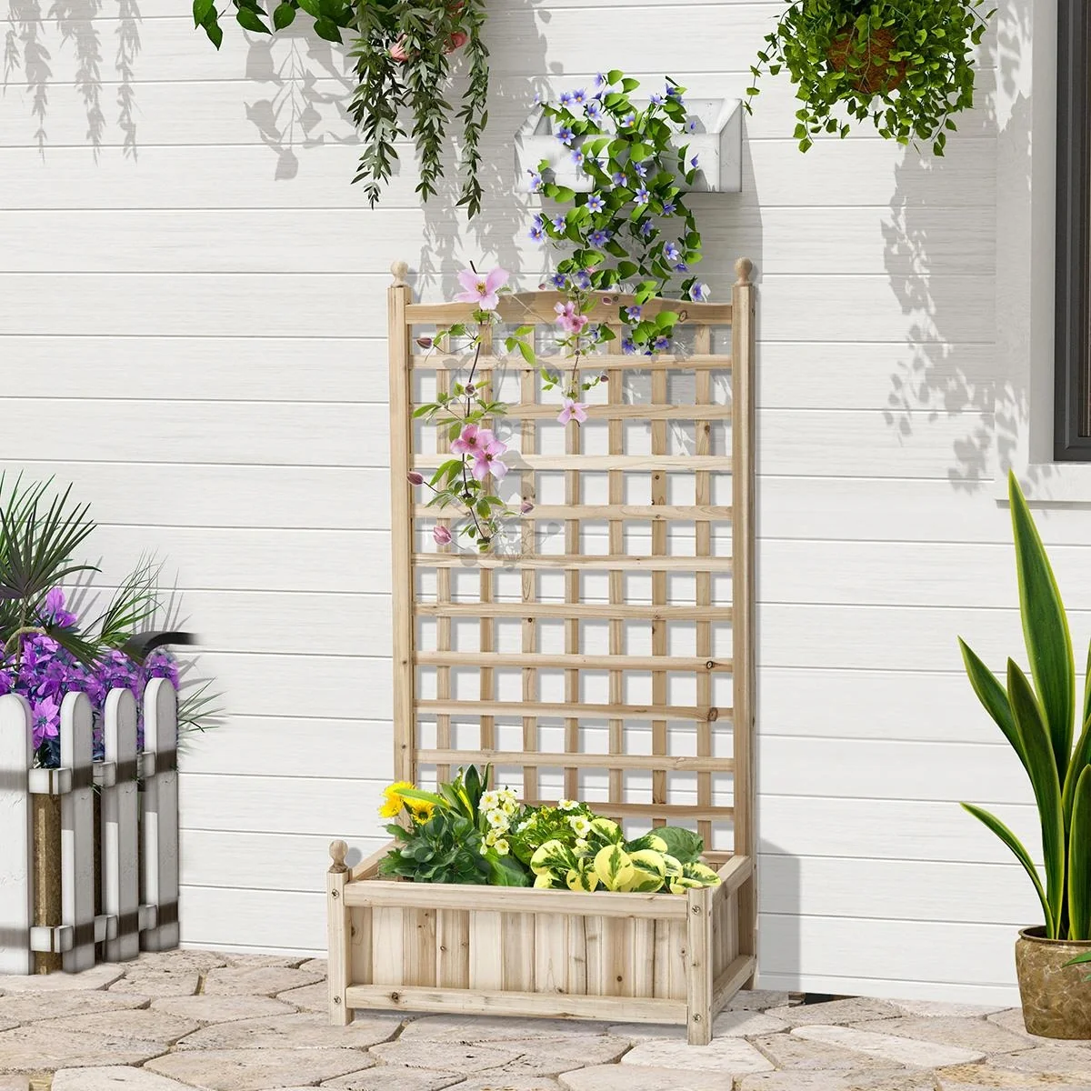 Pflanzkasten Blumenständer Rankgitter Rankkasten Rosenbogen mit Leckage-Löcher Garten Holz Naturholz 64 x 28 x 120 cm - 5