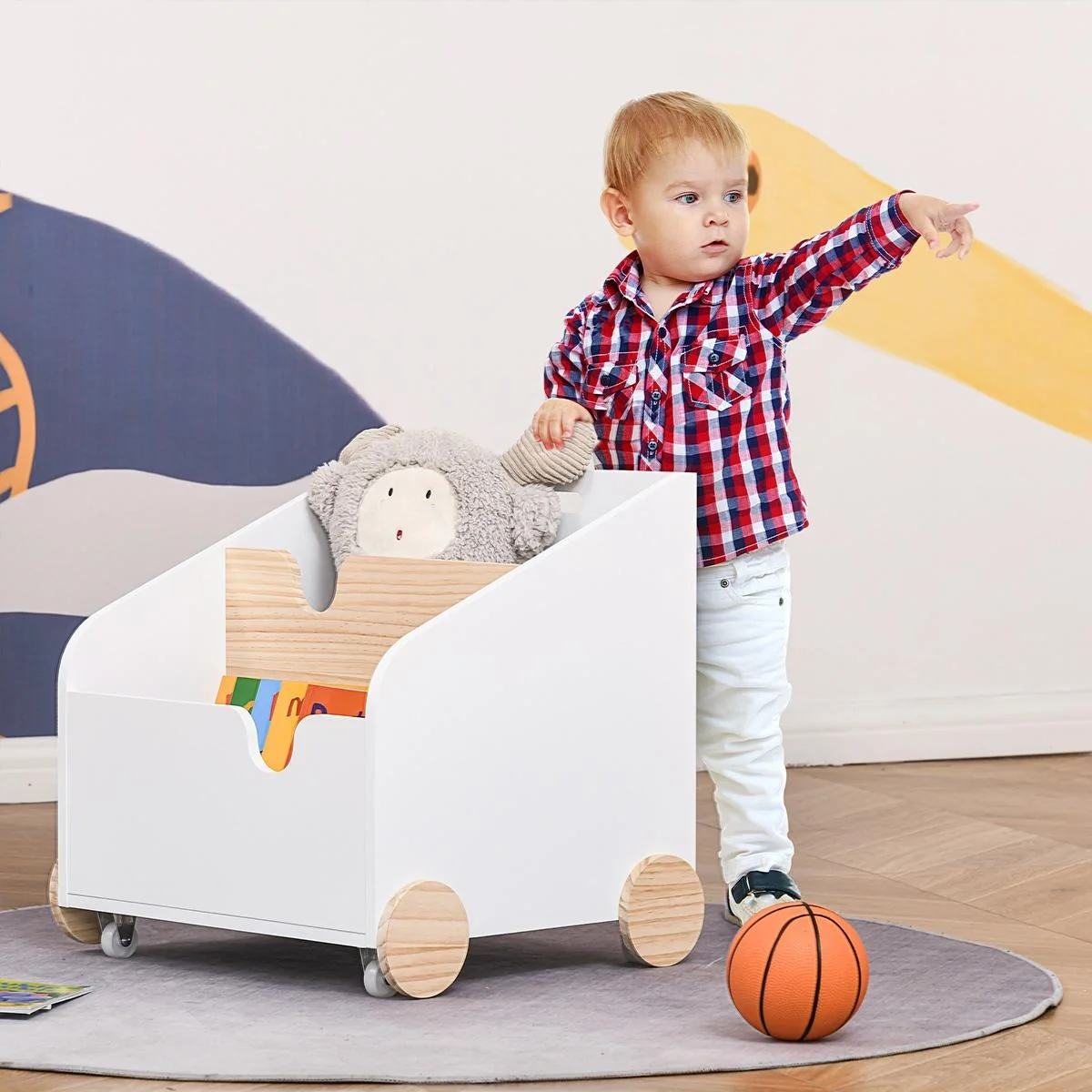 Kinderbücherregal mit Räder Bücherregal für Kinder Aufbewahrungsregal Spielzeugregal mit großem Stauraum MDF Kiefernholz - 4