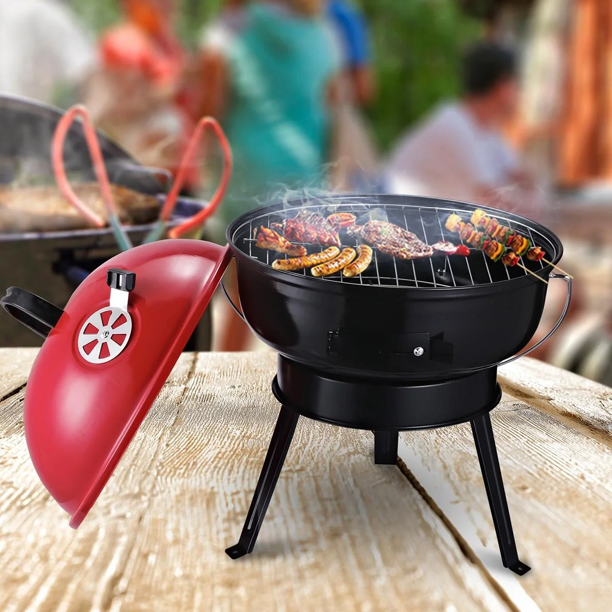 Kugelgrill Holzkohlegril Windschutz Dreibeinfuß Camping Picknick tragbar Metall Rot+Schwarz Ø36,5 x 54 cm Holzkohlegrill - 4