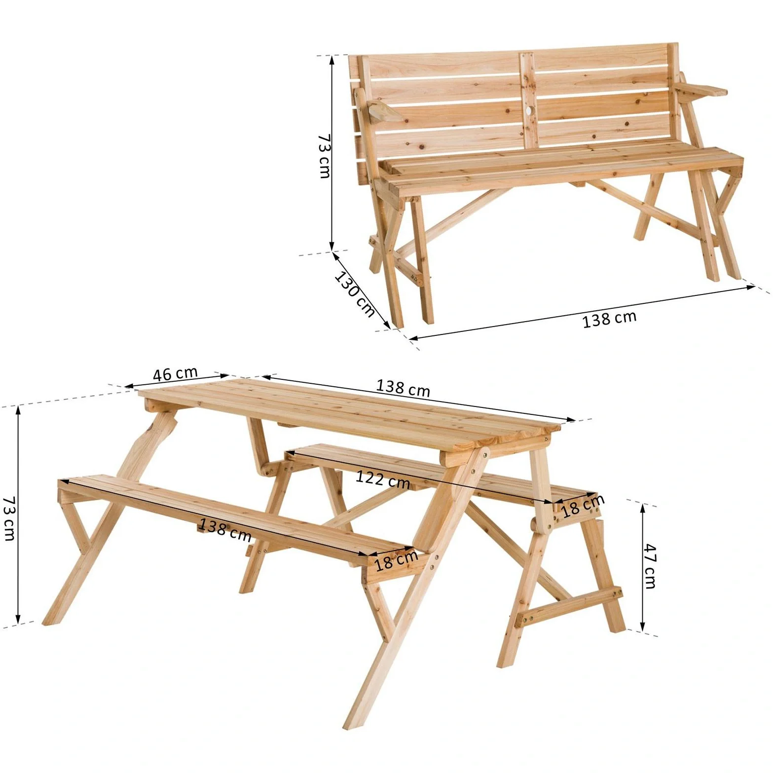 Bierzeltgarnitur 2-in-1 klappbar Sitzgruppe Gartengarnitur 1 x Tisch 2 x Sitzbank Tannenholz Natur 138 x 130 x 73 cm - 9