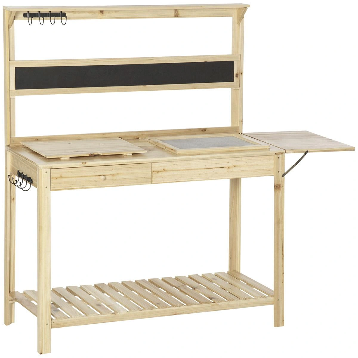 Pflanztisch Gärtnertisch mit 8 Haken Schublade Ablage Blumentisch aus Holz für Garten Terrasse Natur 151 x 45,5 x 143 cm - 6