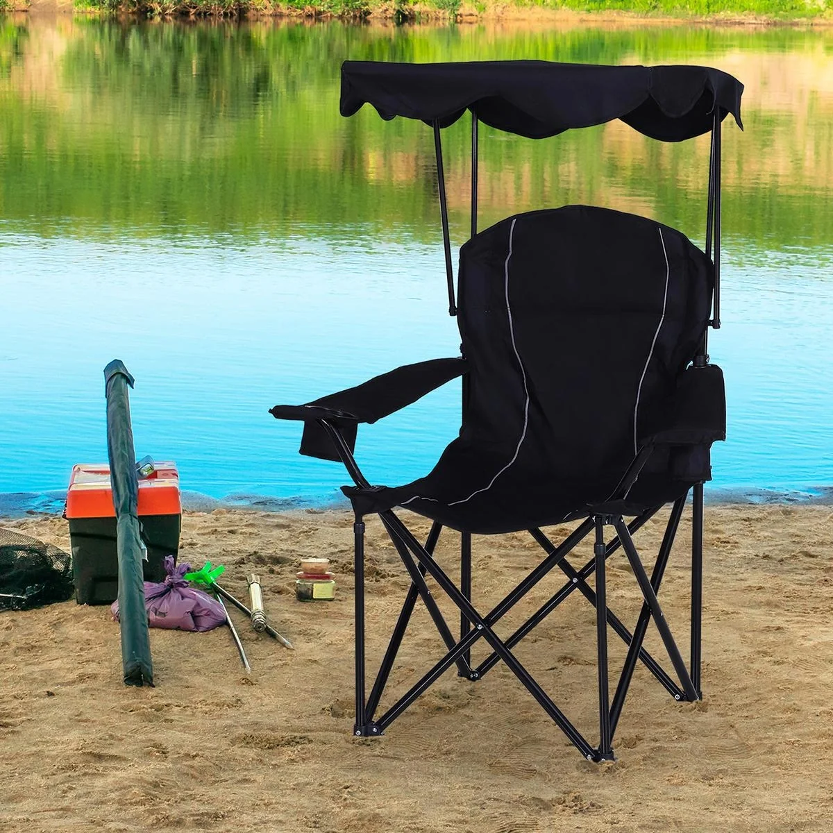 Campingstuhl mit Sonnenschutz schwarz - 5