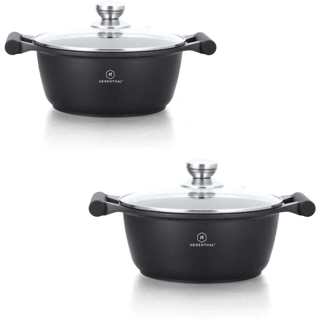 Herenthal 2-teiliges Kochgeschirrset - Schmorpfanne - 24cm, 26cm - Marmorbeschichtung - mit Glasdeckel - 1