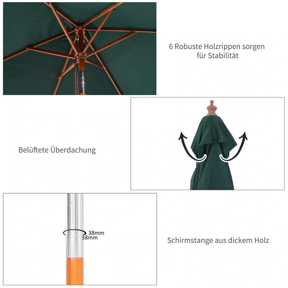 Sonnenschirm Knickbarer Gartenschirm Strandschirm 3-stufig einstellbar Tannenholz+Polyester Grün 200 x 150 x 230 cm - 6