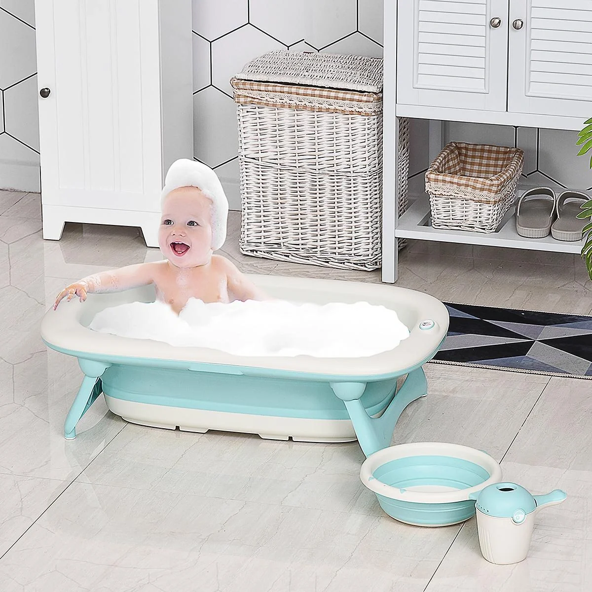 Faltbare Babywanne mit Waschbecken und Shampoobecher - 4
