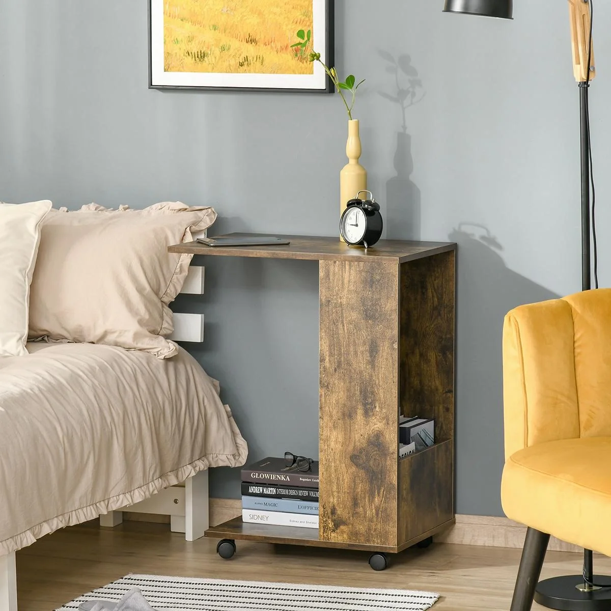 Beistelltisch mit Rädern mobiler Tisch C-Form Couchtisch mit offener Bodenablage seitlichen Staufach Feststellbremsen S - 4
