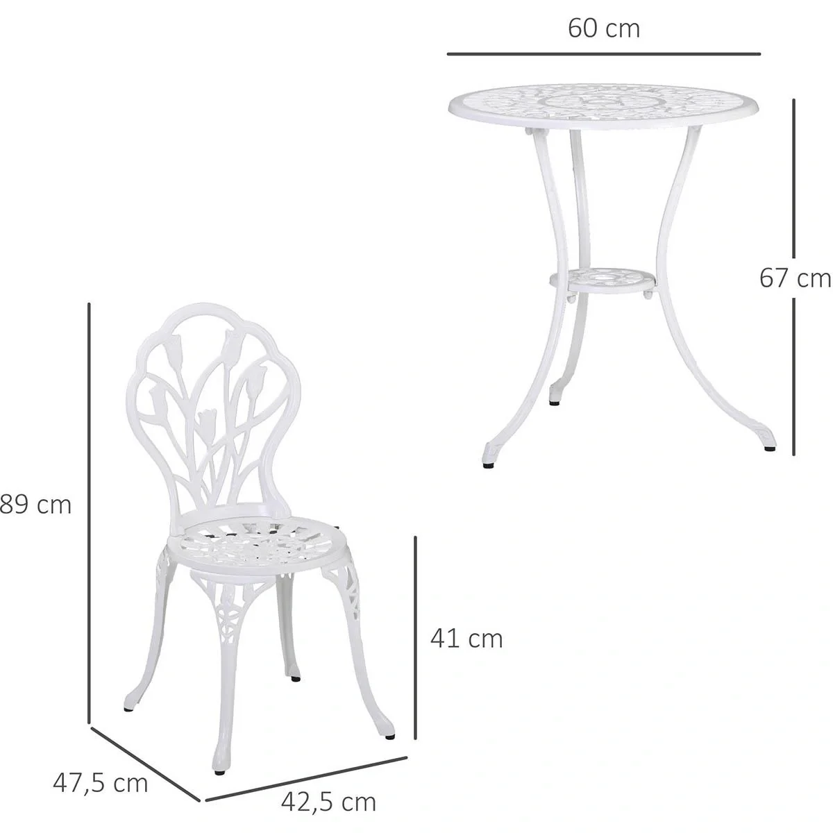 Sitzgruppe 3-teilige Essgruppe Gartenmöbel-Set 1 Tisch+2 Stühle mit Schirmloch Terrasse Aluminium Weiß Ø60 x 67H cm - 5