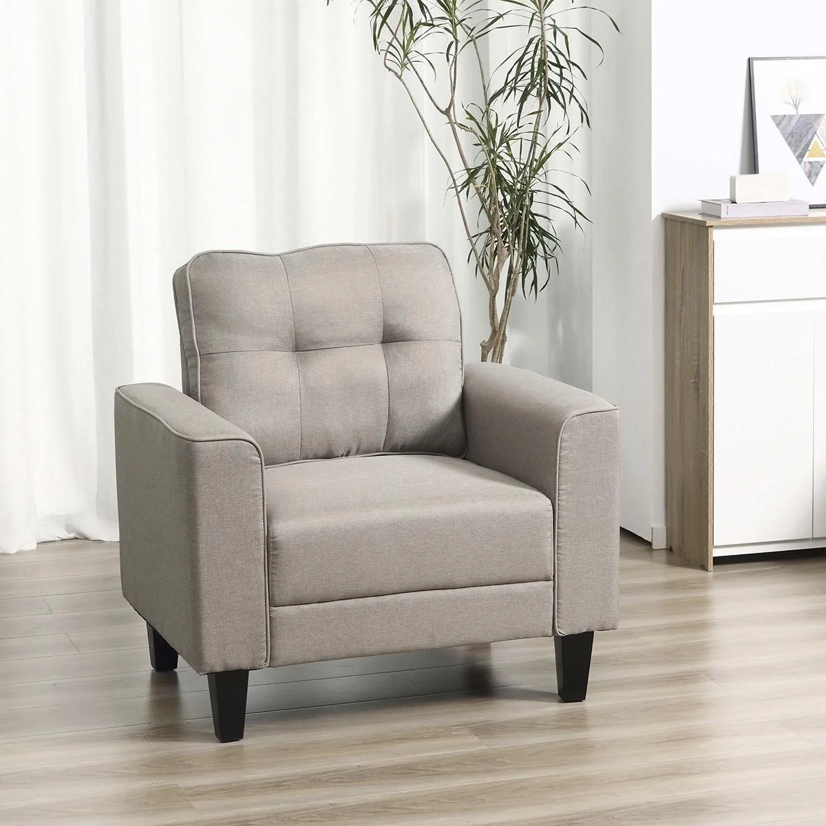 Schlafsessel Schlafsofa Sofabett Einzelsofa mit Rückenlehne Leinenstoff Schaumstoff Gummiholz Schwarz+Beige 90 x 72 x 91 - 4