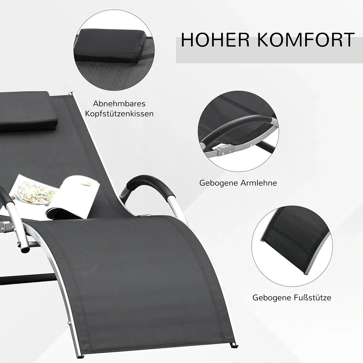 Gartenliegen mit Kissen Sonnenliege Relaxliege ergonomisch Aluminium Texteline Schwarz 160 x 60 x 65 cm - 6