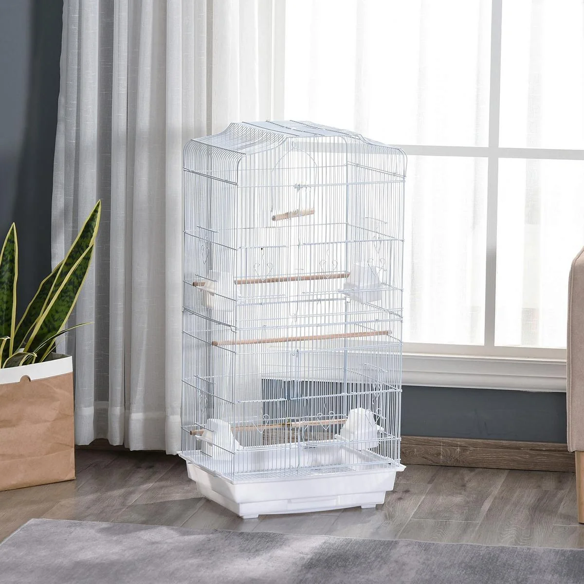 Vogelkäfig Vogelhaus Vogelvoliere für Papagei Wellensittich Vogelbauer mit ausnehmbarer Bodenschale Weiß 47,5 x 36 x 91 - 4