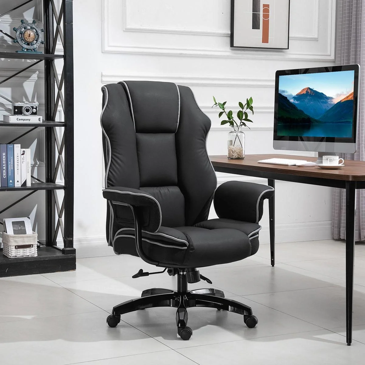 Ergonomischer Bürostuhl mit Armlehnen, Höhenverstellbarer Schreibtischstuhl mit Wippfunktion, Drehstuhl, Kunstleder, Sch - 4