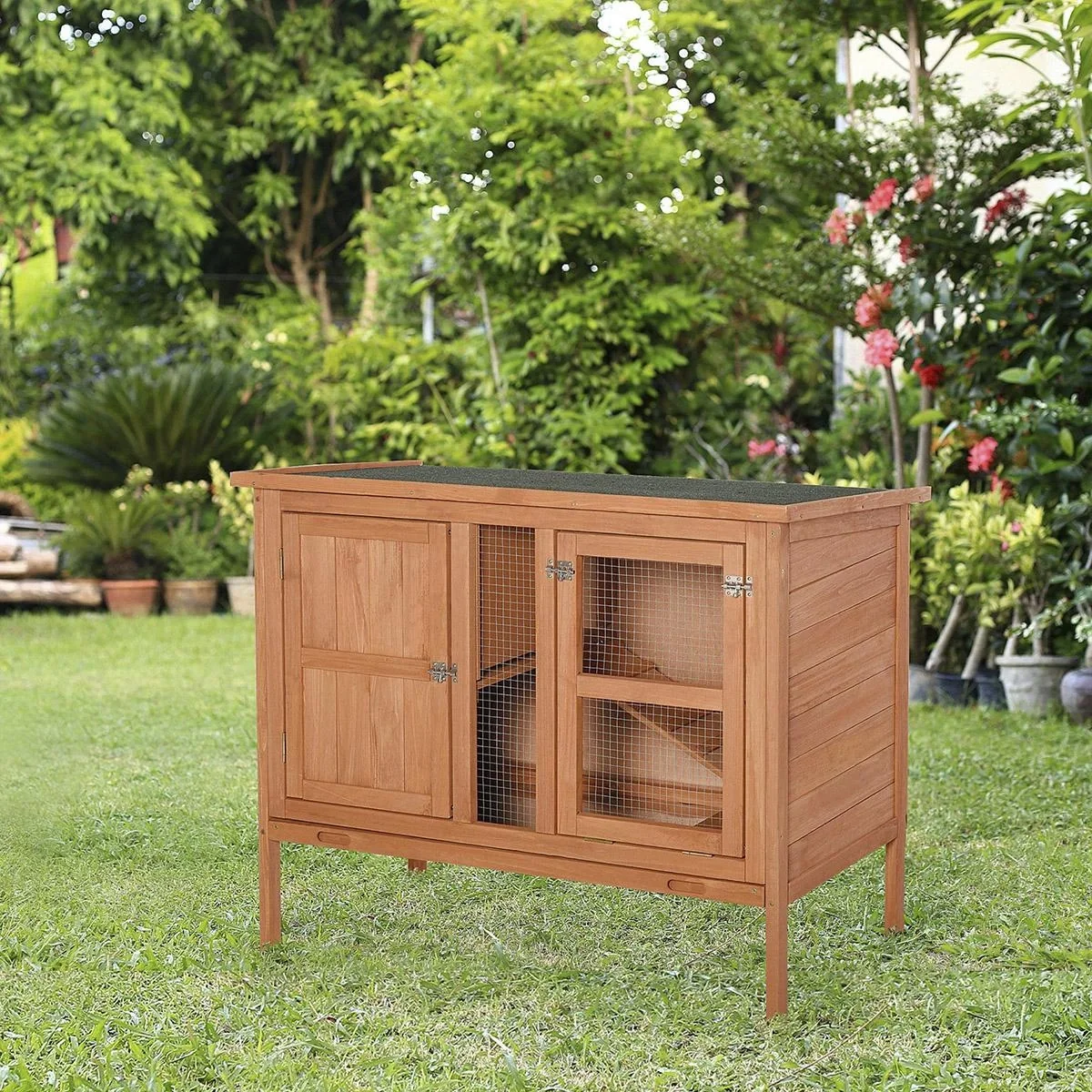 Holz Kaninchenstall Hasenstall Doppelstöckiger Hasenkäfig mit Asphaltdach Rampe Massivholz Natur 102 x 56 x 85 cm - 4