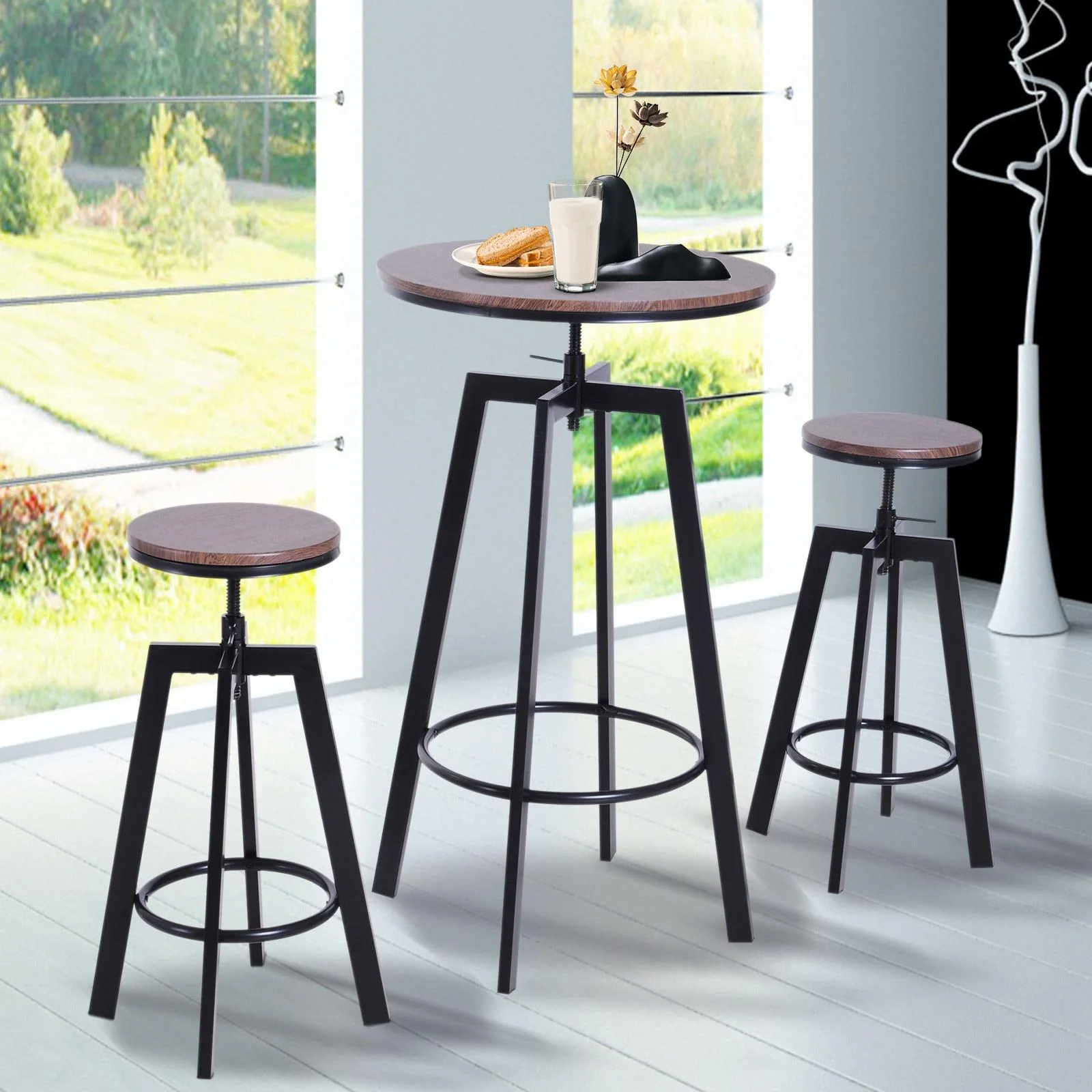 3-teilige Essgruppe Sitzgruppe Esstisch Holztisch dunkle Naturholzoptik mit 1 Tisch + 2 Hockern - 10