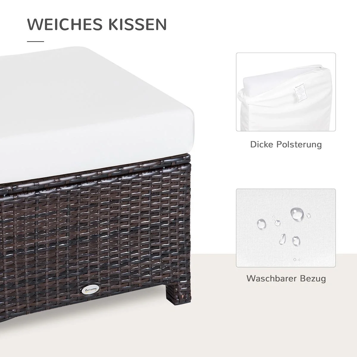 Poly Rattan Hocker mit Kissen Gartenhocker Sitzhocker Fußhocker Rattanhocker Balkon Sitzhocker Gartenmöbel Braun+Cremewe - 6