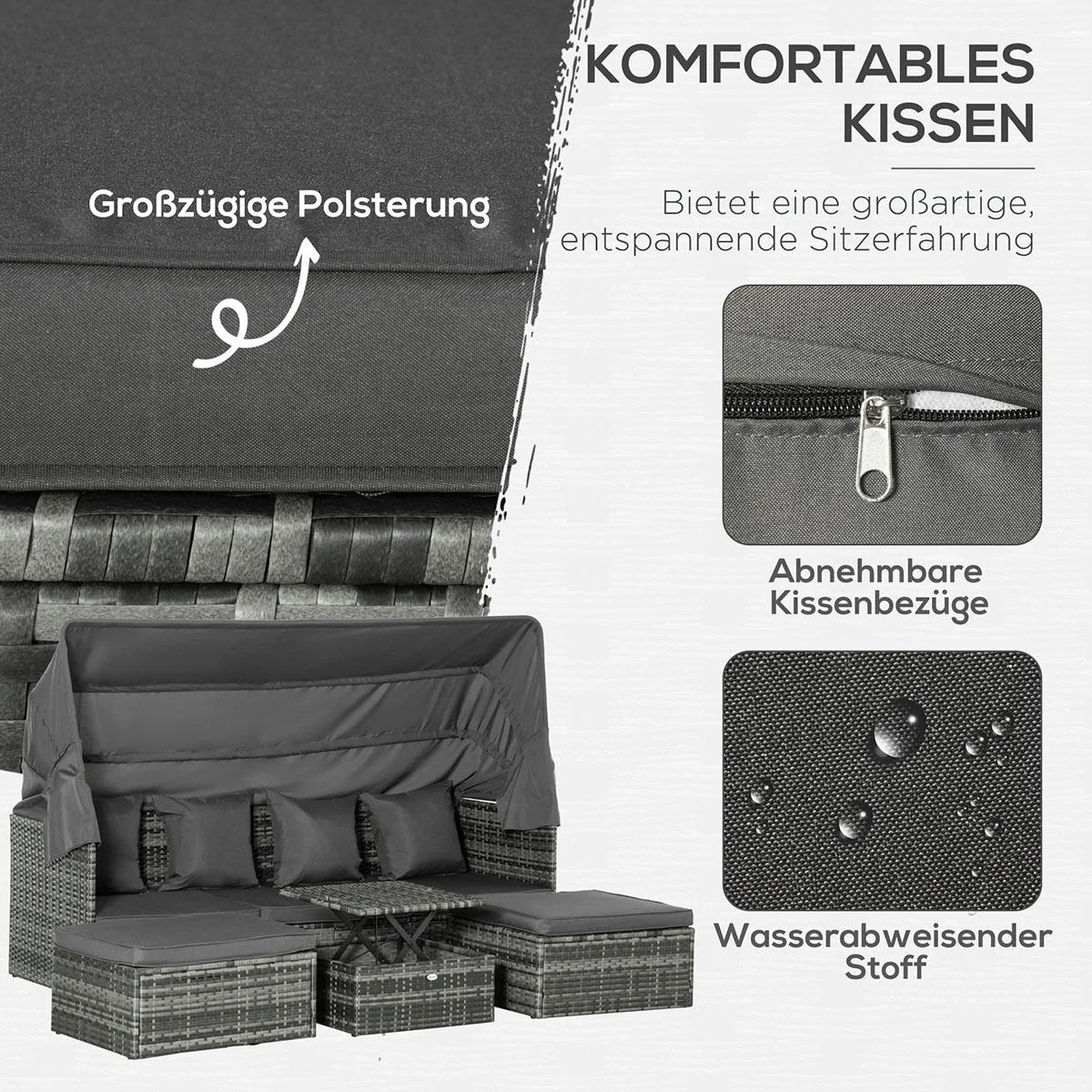 Poly Rattan Lounge Set Loungegruppe mit Sonnendach Faltdach Sitzgruppe Sonneninsel inkl. Kissen und Beistelltisch Garte - 6