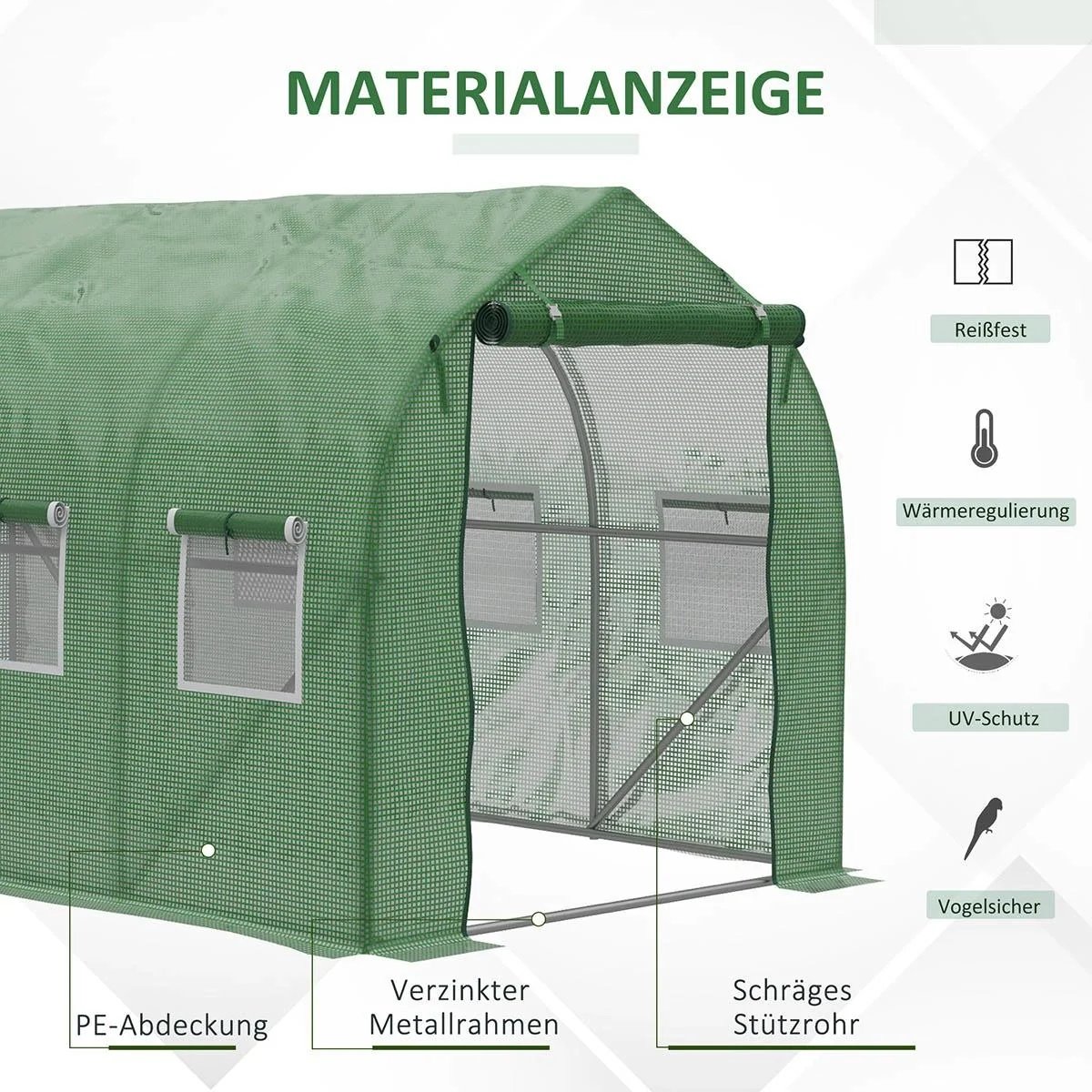 Foliengewächshaus begehbares Polytunnel 4 x 2 m Gewächshaus Treibhaus Frostschutz Stahlrohr Dunkelgrün - 5