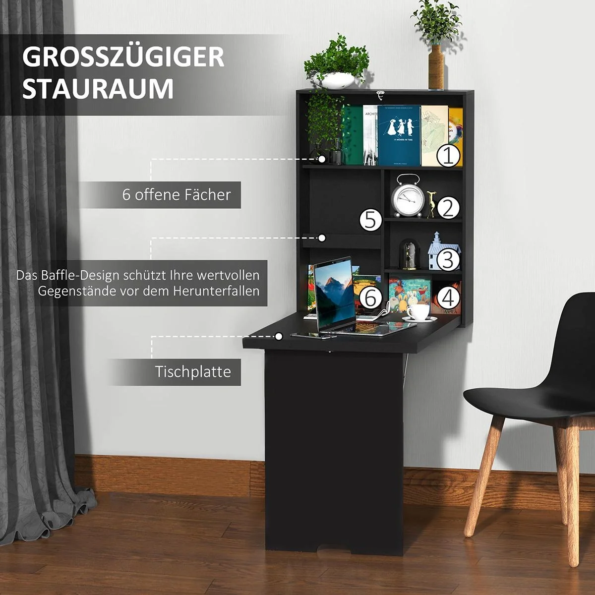 Wandtisch klappbar Wandklapptisch Klappschreibtisch mit Tafel Klappbarer Computertisch mit Stauraum Esstisch für Küche W - 6
