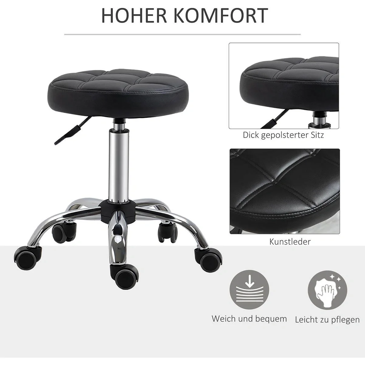 2er-Set Rollhocker Drehhocker mit Rädern Arbeitshocker höhenverstellbar drehbar Salon Hocker Salonstühle Kunstleder Schw - 5