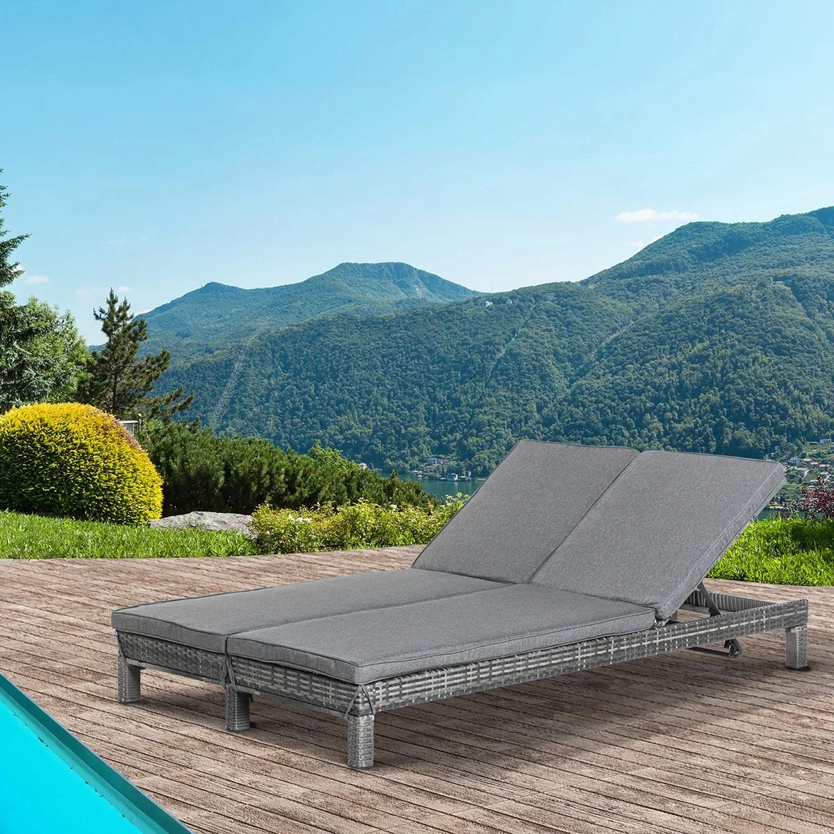 Gartenliege, Doppelliege, Relaxliege für 2 Personen, Luxus Lounge, 5-stufige Rückenlehne, Metall, PE Rattan, Grau, 195 x - 4