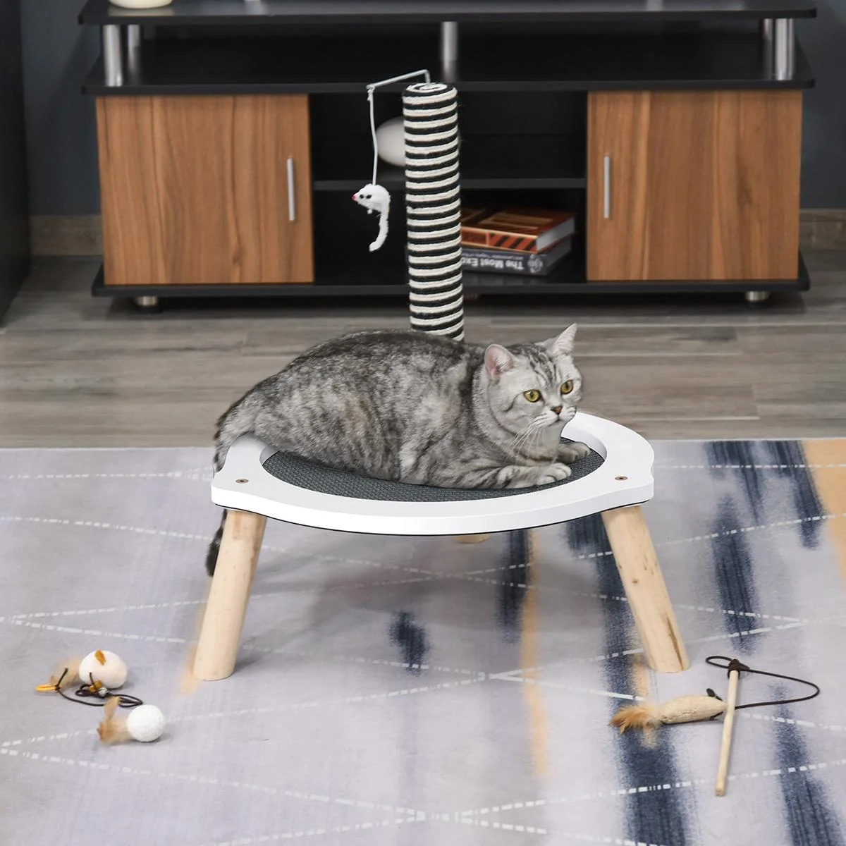 Katzenbett, Katzen Bettchen Gross, Katzenfangpfosten und Spielzeug-Maus, MDF, Tannenholz, Oxford-Tuch, Sisal, Weiß+Grau+ - 4