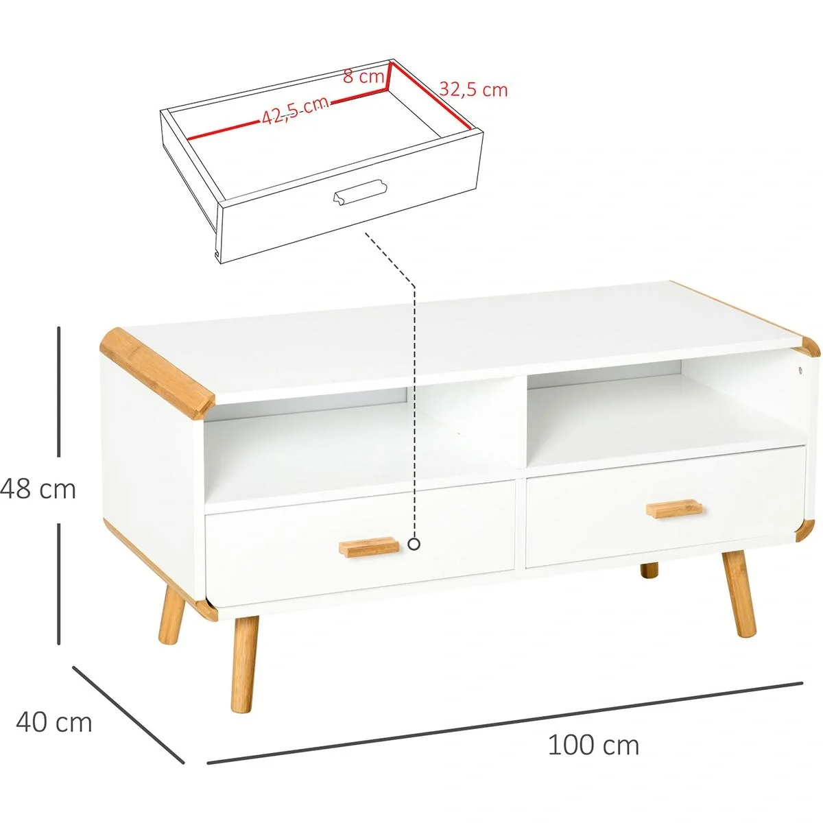 TV Schrank mit 2 Schubladen und offenen Regalfächern Weiß - 10
