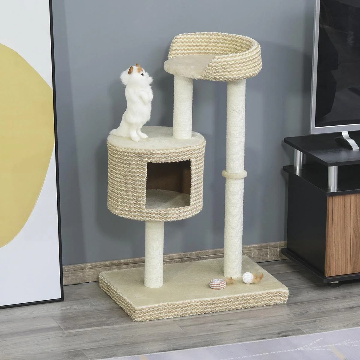 Katzenbaum Kratzbaum Kletterbaum Katzenkratzbaum, kuschelige Aussichtsplattformen, beige und kaffee, Spanplatte, Plüsch, - 4