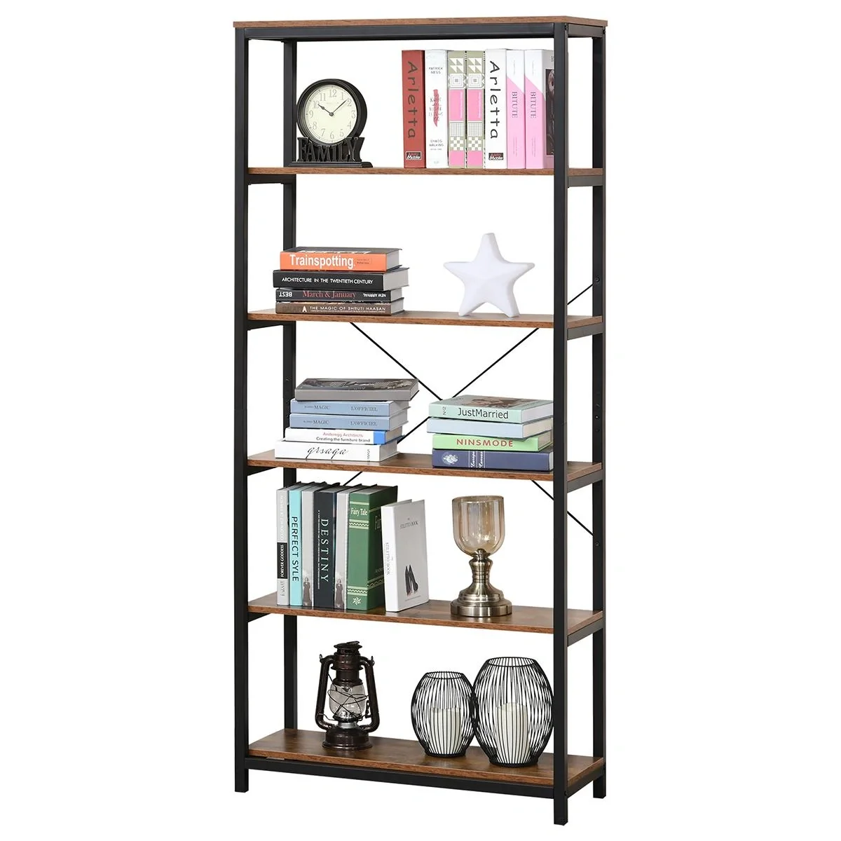 Bücherregal mit 5 Fächer, Standregal, Industriestil, Wohnzimmer, Schlafzimmer, Büro, E1 Spanplatte, Braun, 80 x 30 x 180 - 4