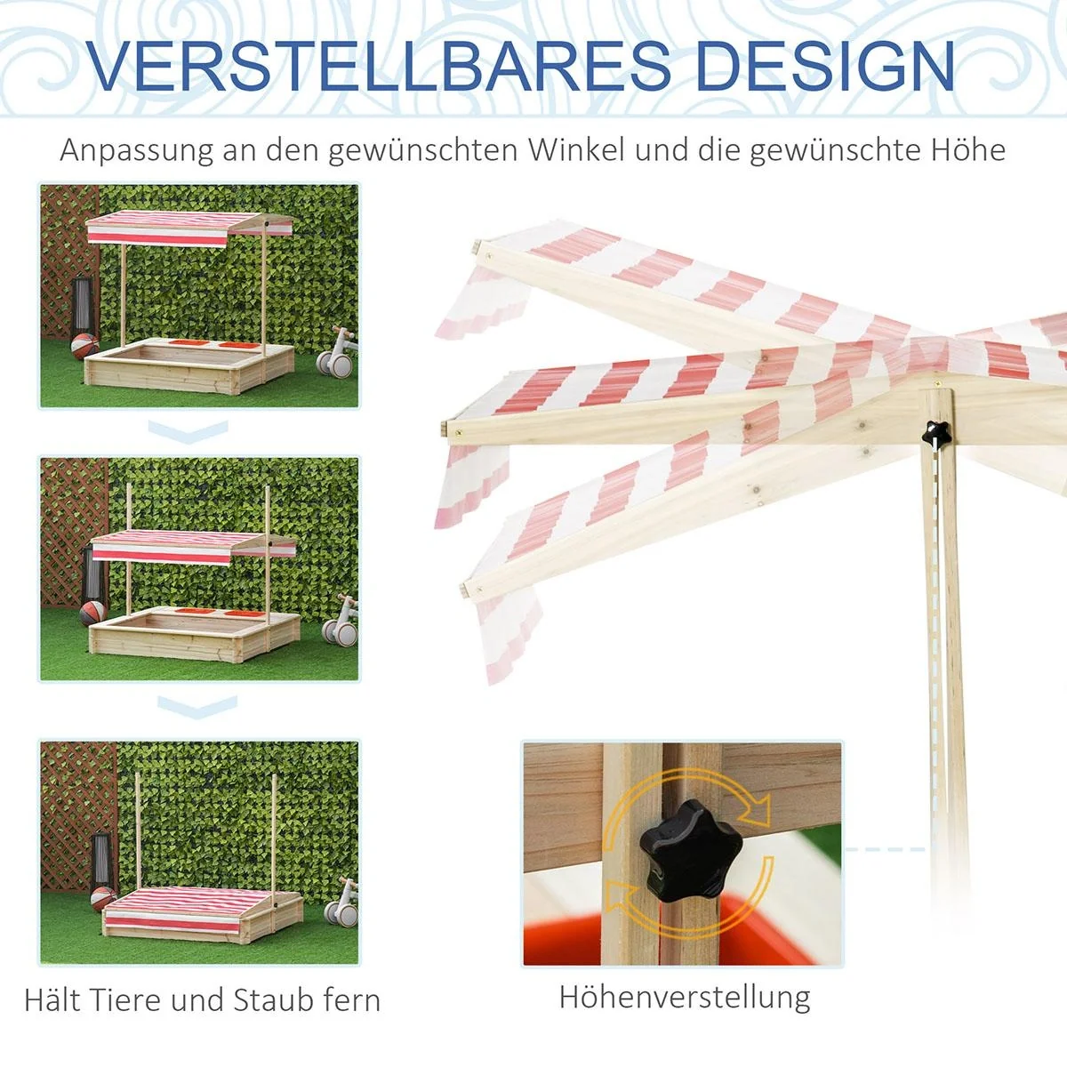 Sandkasten Holz Bodenloses Design mit absenkbarem und schwenkbarem Dach für 3-8 Jahre Kinder Natur 118 x 118 x 118 cm - 5