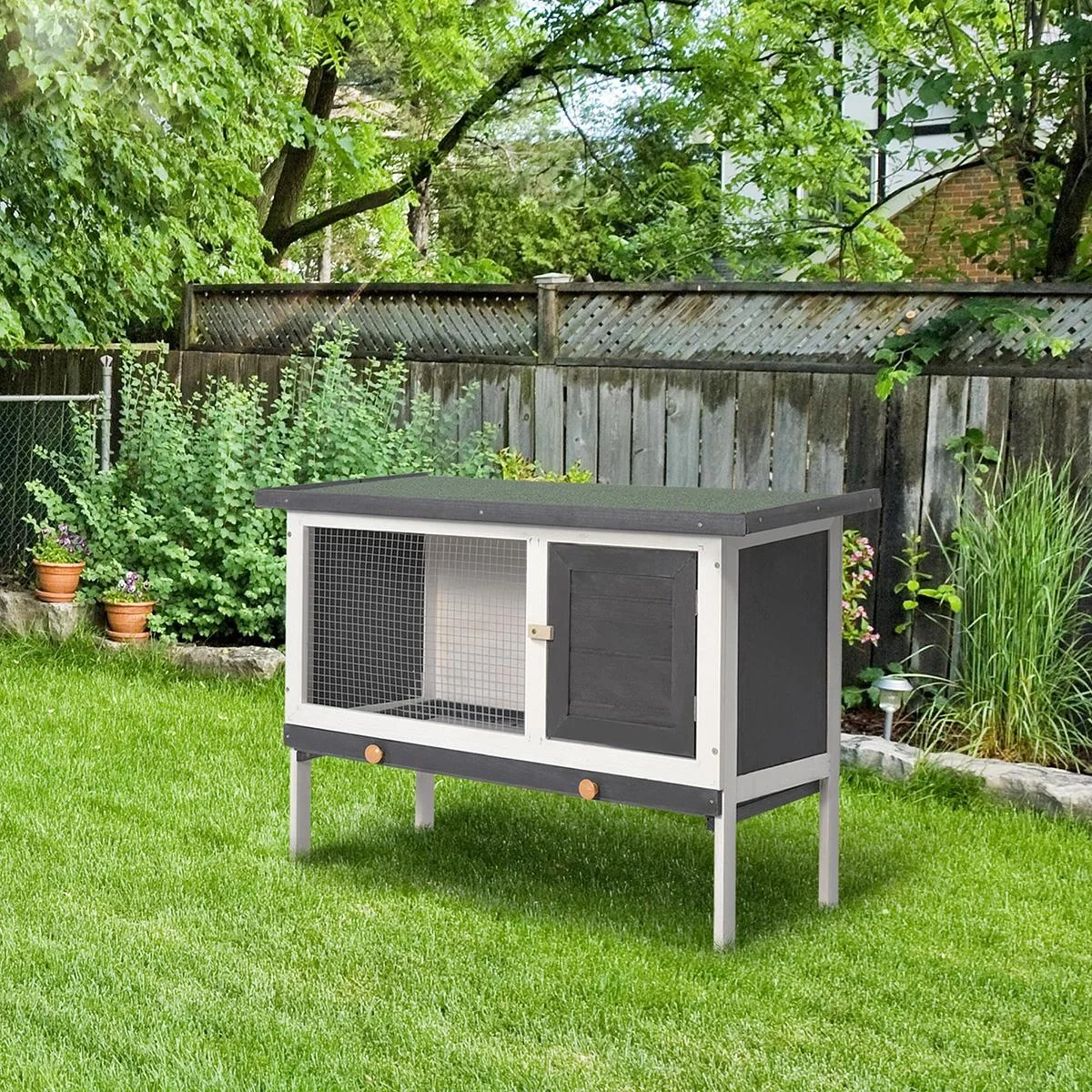Hasenstall, Kaninchenstall, Hasenkäfig Kleintierstall mit Teerpappedach, Massivholz, Dunkelgrau+Weiß+Grün, 90 x 45 x 65 - 3