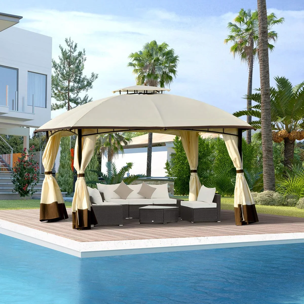 Pavillion Gartenpavillon Sonnenschutz praktische Zweistufiges Dach privat Cremeweiß+Braun 360 x 297 x 273 cm - 3