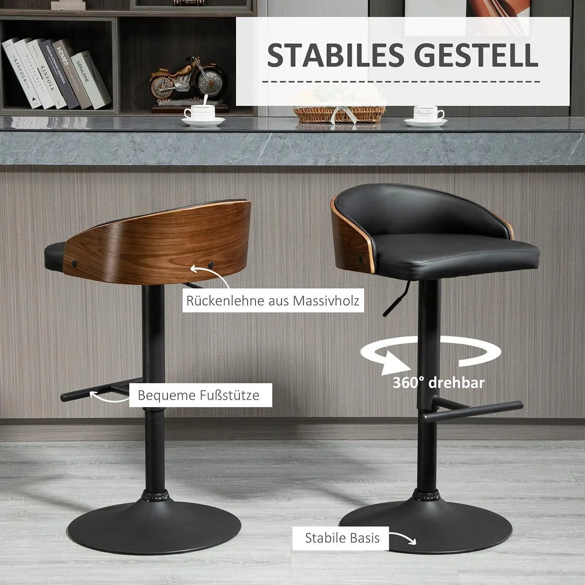 2er-Set Barhocker drehbare Barstühle mit Fußstütze Barstuhl höhenverstellbar Küchenstühle Drehstühle Kunstleder Holz Sch - 5