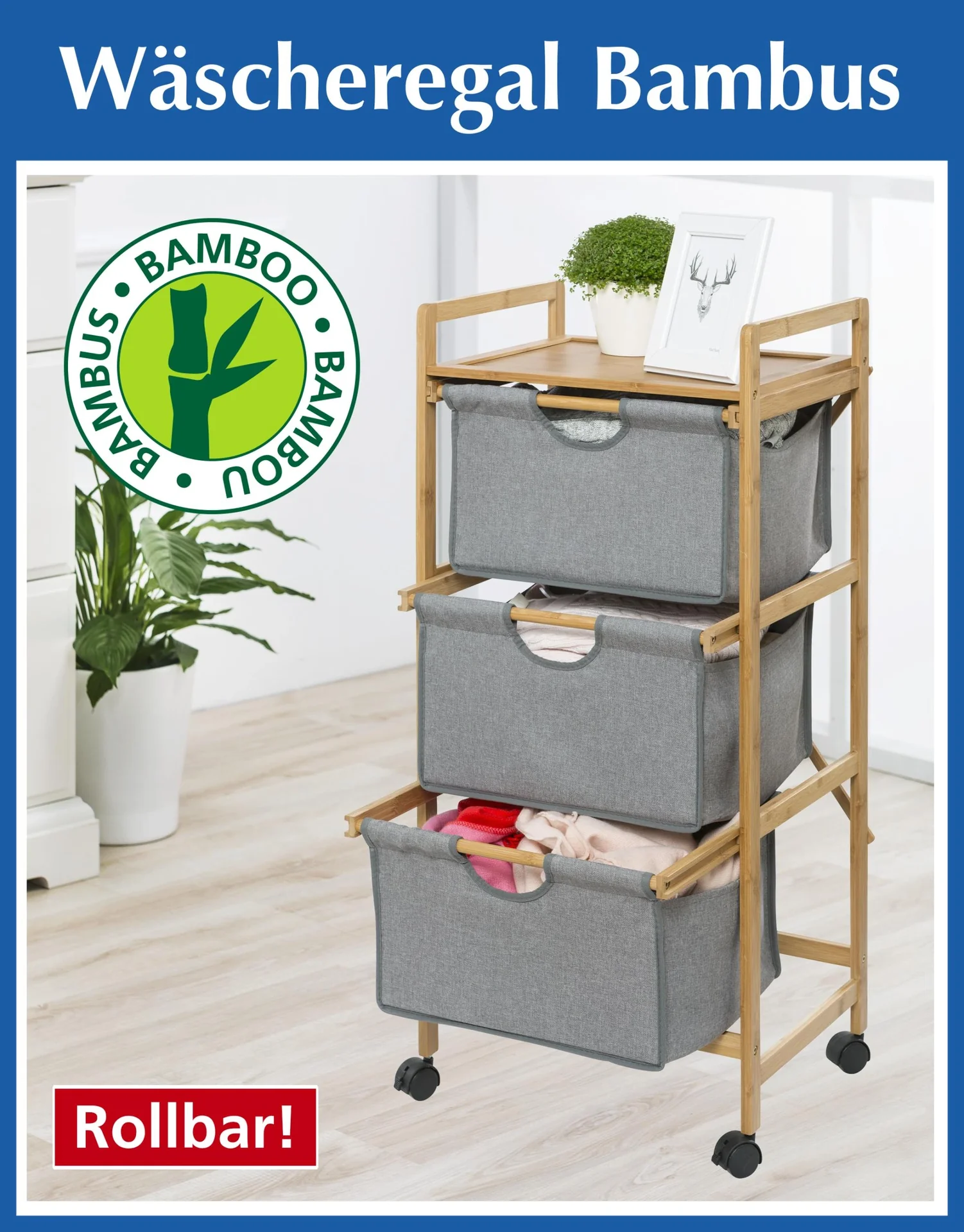 Roll-Wäschewagen „Bahari“, Bambus, 44 x 34 x 96 cm - 3
