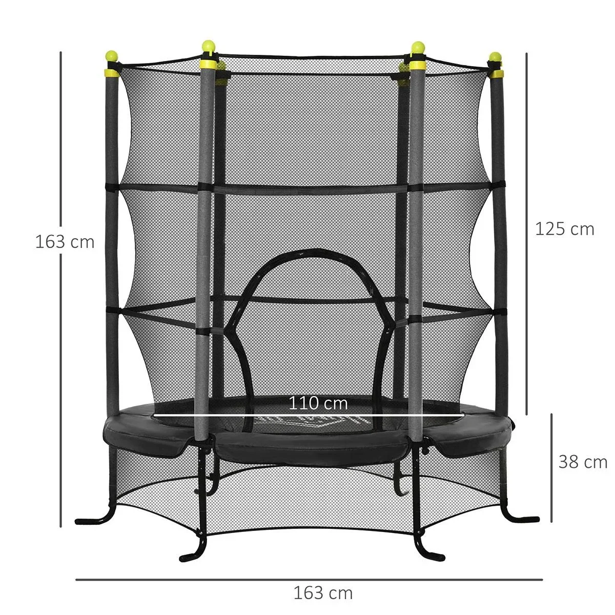 Trampolin für Kinder mit Sicherheitsnetz Randabdeckung Gummiseil gepolstert Stahl Schwarz Ø163 cm bis 45 kg - 4