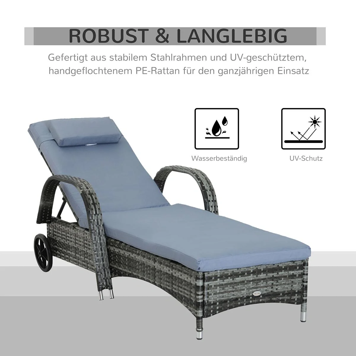 Gartenliege Sonnenliege Rattanliege Gartenmöbel Liege mobil mit Kissen, Polyrattan+Metall, Grau, 200x73x72-103cm - 5