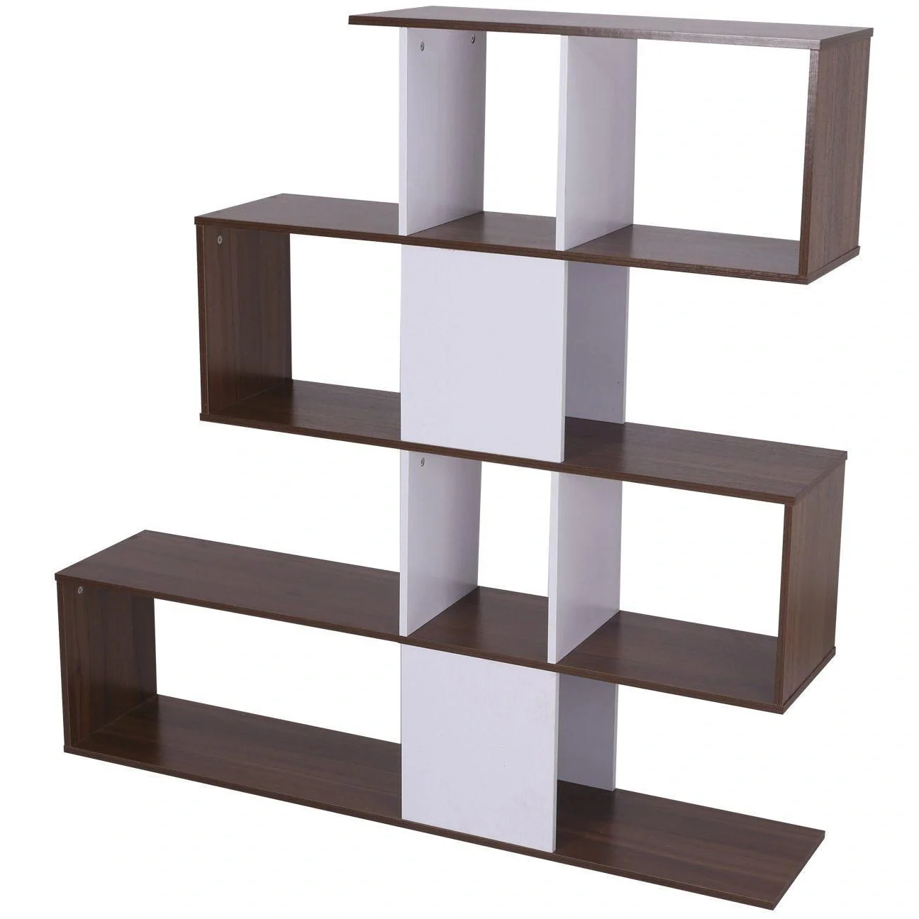 Bücherregal Holz Wandregal Raumteiler S-Form 4 Fächer Weiß+Braun - 3