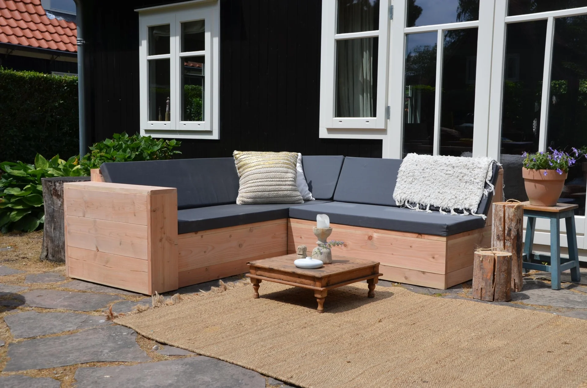 Lounge-Set haltbares Douglasie-Holz komplett# Sofa, Stühle, Tisch und Outdoor-Kissen - 4