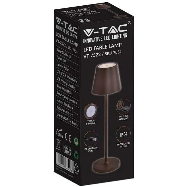VT-7522 Tischleuchte - 3000K - Dimmbar über Touch - Wiederaufladbar - Braun- IP54 - 10