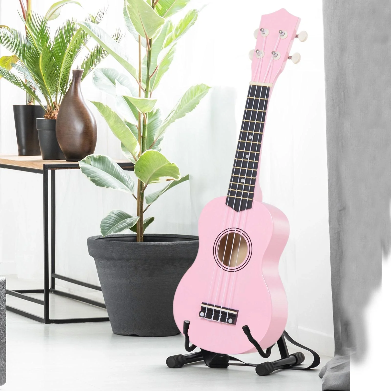 Ukulele Saiteninstrument Anfänger Nylonsaiten Birkenholz Rosa 53 x 17,5 x 6,2 cm - 9