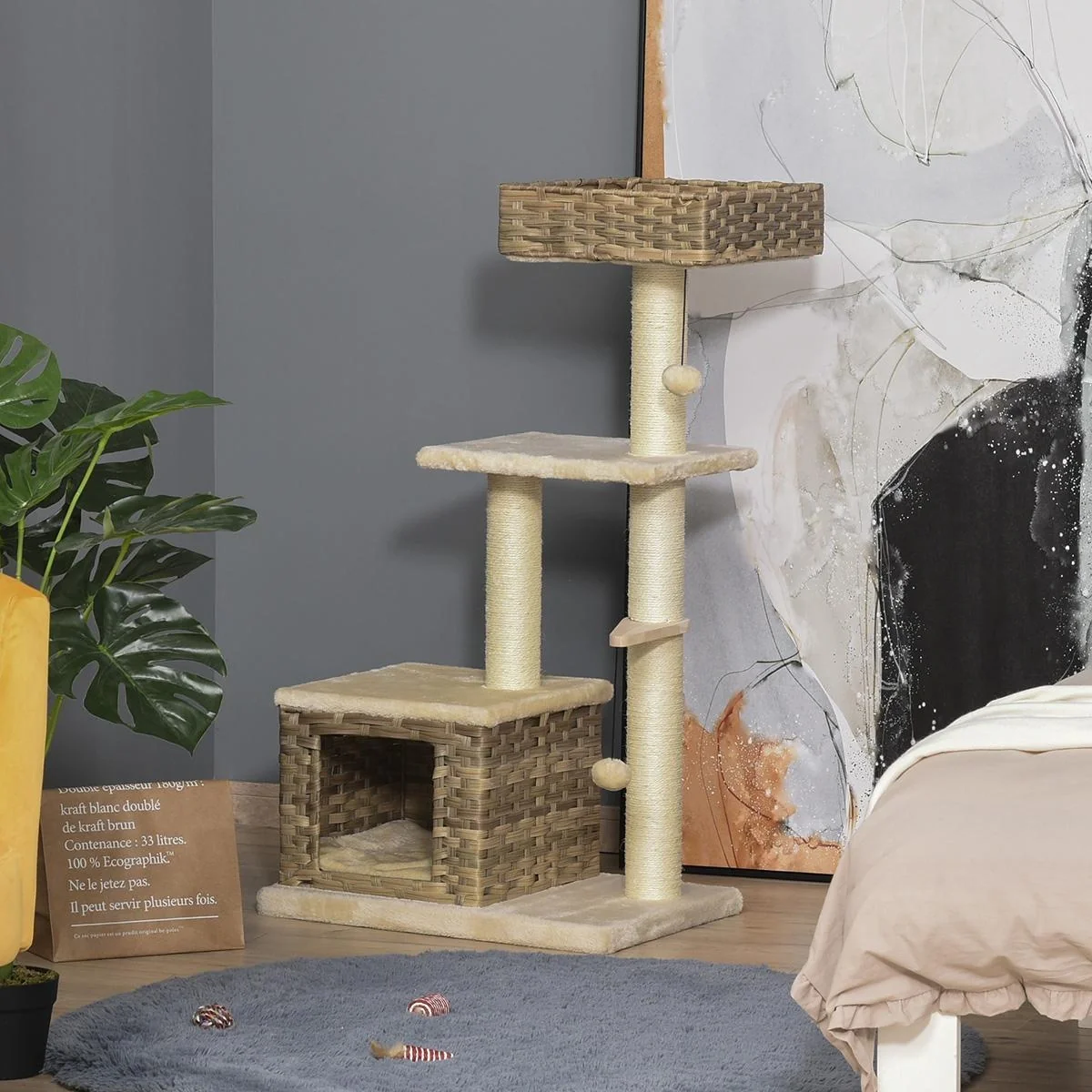 Rattan Katzenbaum Kratzbaum Kätzchen Möbel mit Katzenhöhle Ballspielzeug Sisal weiche Plüsch PE Höhe 108 cm Braun+Beige - 4